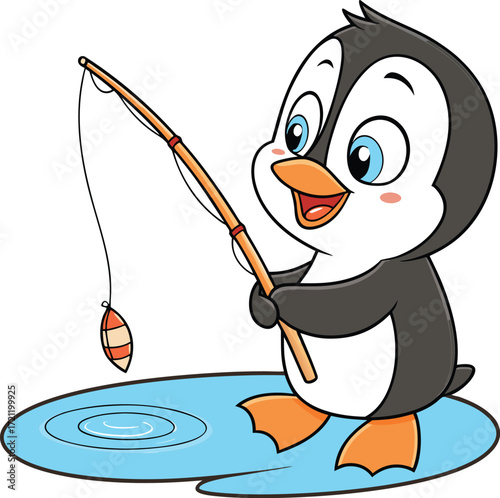 Adorable cartoon penguin fishing with a rod, cute animal character illustration for education, posters, books, and -shirt design.
