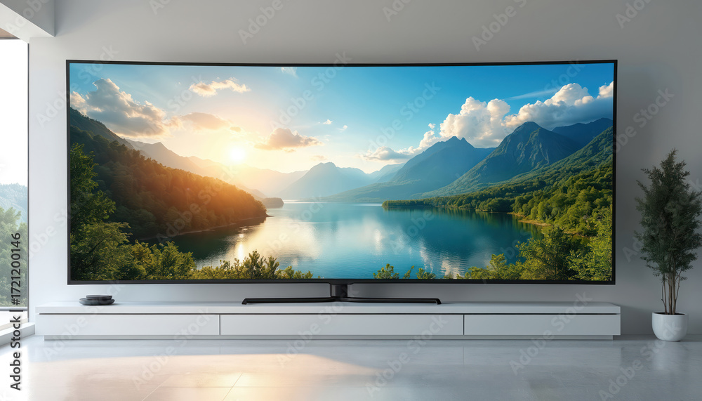 Fototapeta premium Modern living room features large screen TV displaying scenic lake, mountain landscape. White walls, large windows, minimalist furniture enhance vibrant nature scenery on screen. Home entertainment