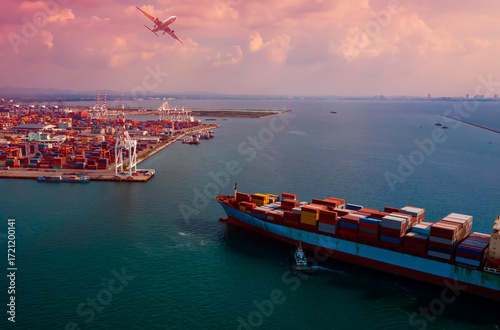 Aerial top view of Business trip with ship the partner connection Container Cargo freight ship for Import Export
