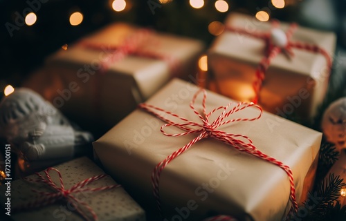 Beautifully Wrapped Christmas Gifts With Festive Ribbons Glowing by Soft Holi...