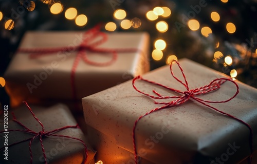 Gift Boxes Wrapped in Festive Paper With Red Twine, Surrounded by Warm Lights...
