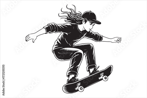 Skateboarder in Action – Monochrome Vector Illustration
