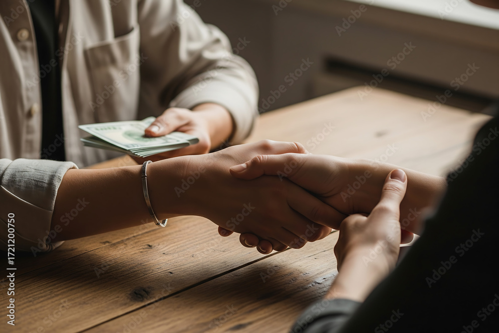 Obraz premium Two people shaking hands over a wooden table with cash exchanged