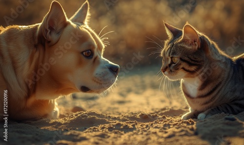 Dog and Cat Share a Calm Moment in the Golden Evening Light.
