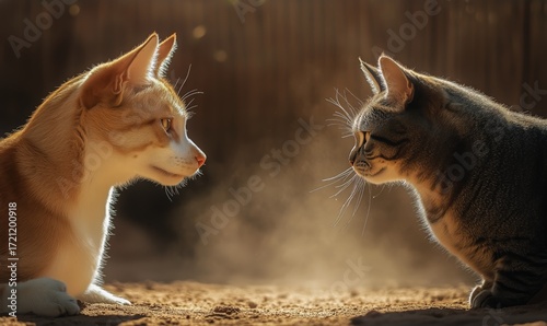 Two Cats Engage in a Curious Stare Under Warm Light in a Sandy Area During th...