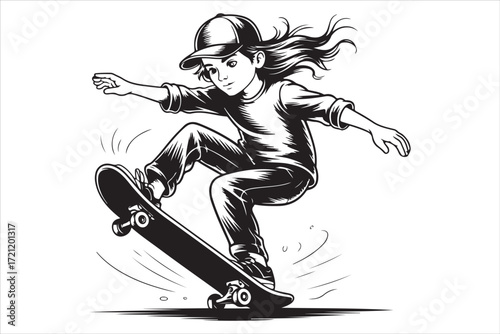 Skateboarder in Action – Monochrome Vector Illustration