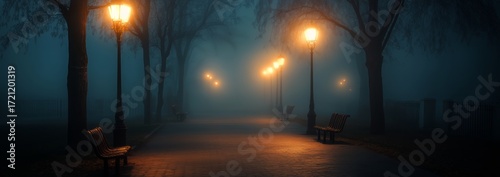 Foggy Evening in a Quiet Park With Glowing Street Lamps Along the Pathway