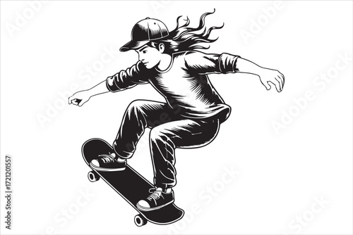 Skateboarder in Action – Monochrome Vector Illustration