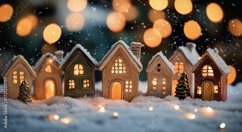 Miniature Houses Glow Warmly Amid Soft Snowfall and Twinkling Lights in a Win...