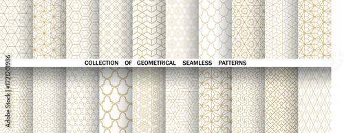 Geometric set of seamless golden and white patterns. Simple vector graphics