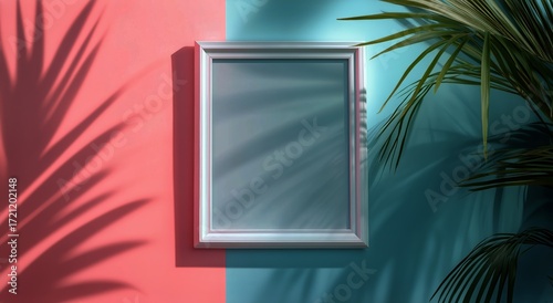 Colorful Wall With Empty Frame and Tropical Shadows in Bright Setting