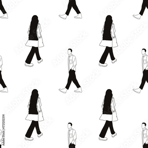  Pattern silhouettes of people drawn by brush. Brush strokes in the form of black silhouettes of people,silhouette of man on white background.