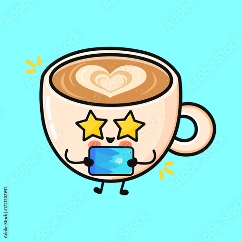 Kawaii coffee cup character holding phone