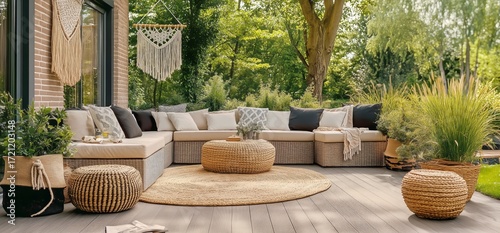 Cozy Outdoor Seating Area With Natural Decor in a Bright Garden Setting