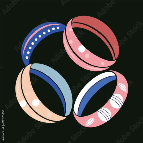 Four Colorful and Patterned Bracelets Arranged in a Circle on a Black Background bangle
