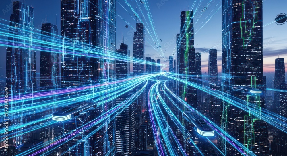 Obraz premium Futuristic city with dynamic light trails at dusk