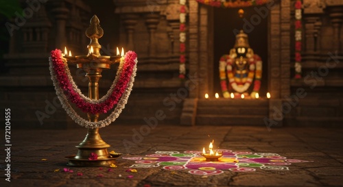 Thiruvathira, flower garland, brass lamp, kolam pattern, temple backdrop