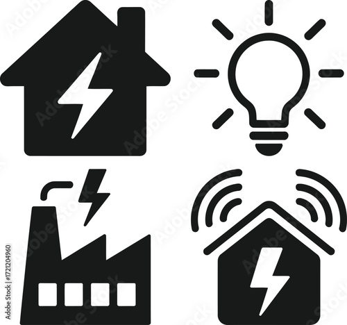 Icons representing energy, smart home, and power generation plant