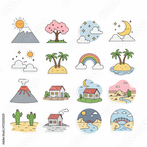 Set of cartoon vector illustrations of nature scenes and objects, including landscapes, weather elements, and houses