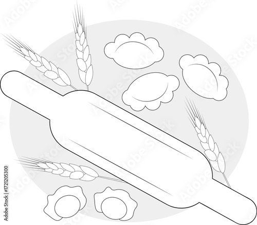 Illustration of a rolling pin and gyoza ravioli on a white background