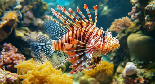 Colorful Lionfish Swimming Among Vibrant Coral Reefs in a Marine Environment