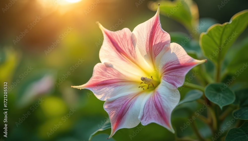 Fototapeta premium Close-up Datura flower bloom with pink and white petals. Botanical illustration in garden setting, blurred green background. Nightshade plant, known for herbal and toxic properties.