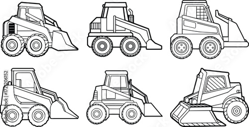 Set of skid steer loader machine outline vector and illustration line art