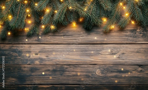 Christmas Decorations With Pine Branches and Warm Lights on a Wooden Background.