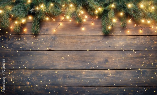 Festive Holiday Decorations With Evergreen Branches and Warm Lights on Rustic...