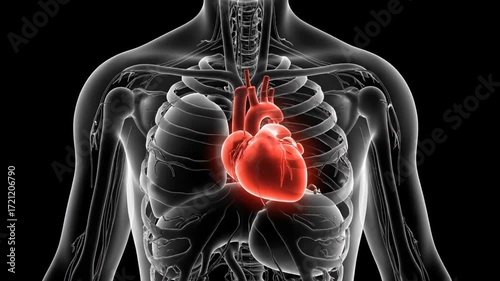 Medical visualization of the human circulatory system, showcasing the glowing red heart inside the rib cage and surrounded by the lungs