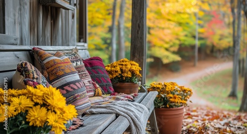Cozy Outdoor Bench With Colorful Throws and Blooming Flowers in Autumn Scenery.