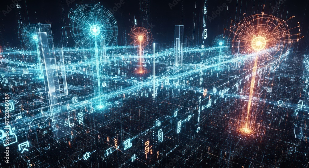 Fototapeta premium Abstract digital city, glowing network structures, future technology