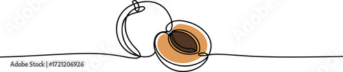 Continuous one line drawing of apricot with one whole and one half showing seed in minimalistic vector style on isolated white background