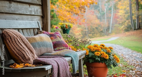 Cozy Outdoor Bench With Colorful Throws and Blooming Flowers in Autumn Scenery