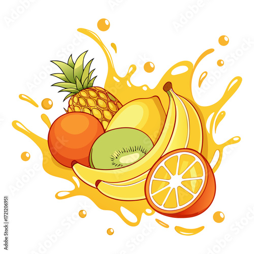 Banana, Pineapple, Orange, Kiwi and Mango Fruit Splash - Vector Design