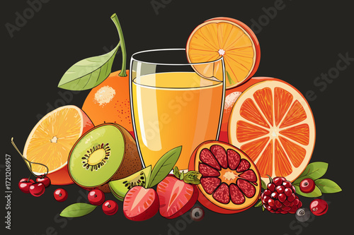 Fresh Juice Glass with Colorful Fruits - Vector Design