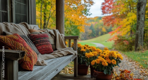 Cozy Autumn Scene With Flowers on a Porch Overlooking Colorful Trees