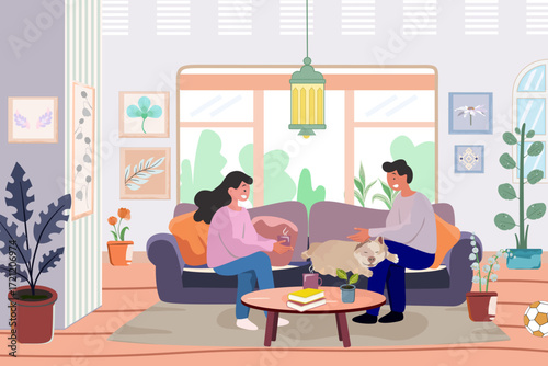 Illustration of a couple sitting and sipping coffee, relaxing with a cute little dog lying on the young man's lap. The room is filled with a relaxing atmosphere and flowers. Vector.