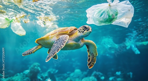 Sea Turtle Swimming Through Ocean Waters With Plastic Waste Nearby in Bright ...