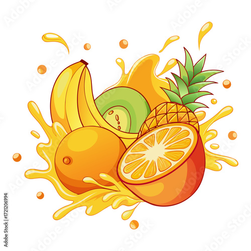 Banana, Pineapple, Orange, Kiwi and Mango Fruit Splash - Vector Design