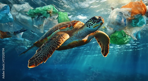 Turtle Swims Through Ocean Filled With Plastic Waste in Bright Sunlight Illum...