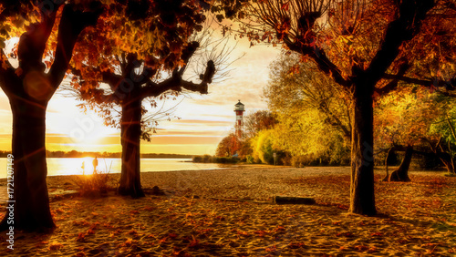 A walk on the beach in Hamburg Wittenberge in the late  autumn sun and the lighthouse