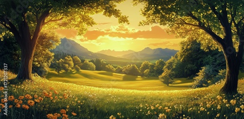 Sunset Over Lush Meadow With Mountains in the Distance and Vibrant Flowers Bl...