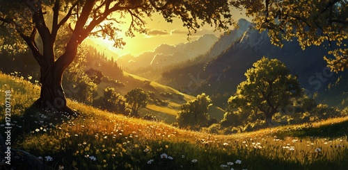 Sunset Over Lush Meadow With Mountains in the Distance and Vibrant Flowers Bl...
