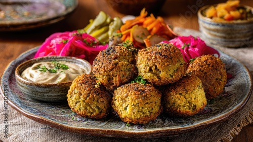 Crispy baked falafel balls with tahini sauce and pickled vegetables on a ceramic plate, Middle Eastern style