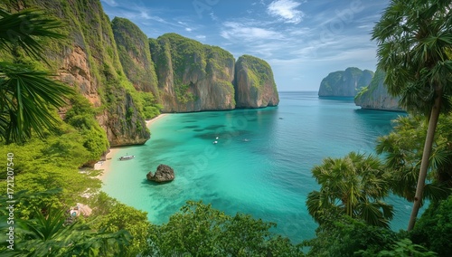 Scenic Tropical Bay With Stunning Cliffs and Turquoise Waters Under a Cloudy ...