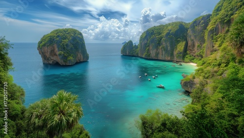 Scenic View of Tropical Islands and Clear Waters Under a Vibrant Sky in a Ser...