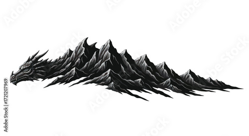 A monochrome depiction of a dragon shaped mountain range with sharp peaks and dramatic shadows