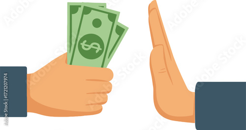 Hand offering money being rejected with a hand in stop gesture