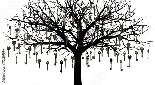 A silhouette tree bearing a harvest of keys, suggesting access solutions and unlocking potential